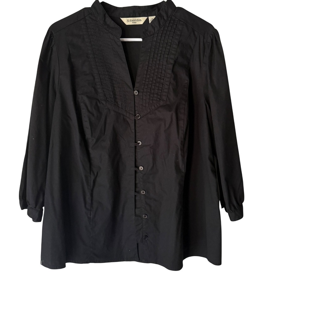 St. John's Bay 1X Black Cotton Blend Button Down Pleated Shirt Peasant Boho